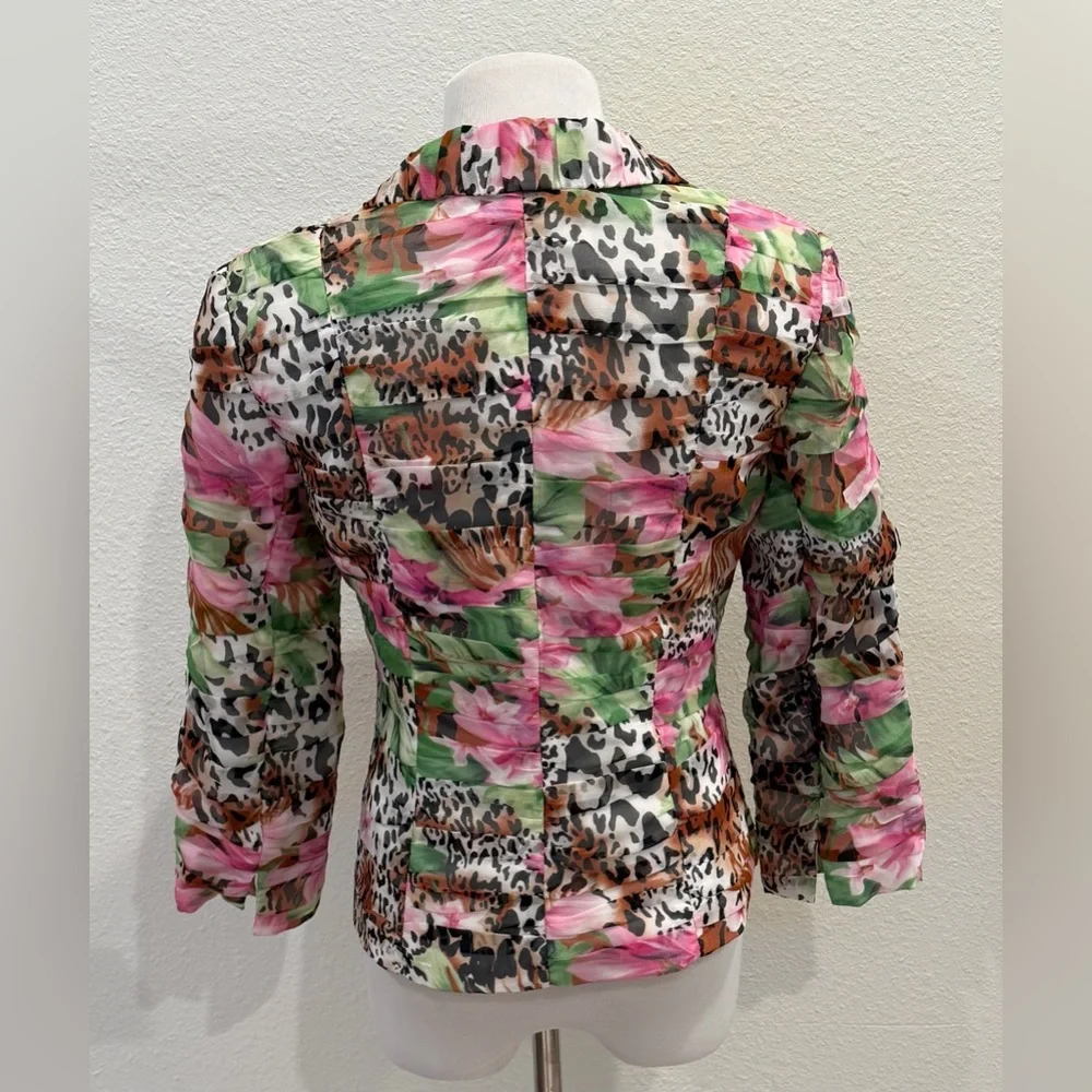 Vintage Michelle Antonelli Ruched Silk Blazer Jacket 8 Floral‎ Leopard Statement